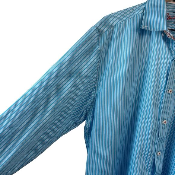 Robert Graham Mens Shirt XL Blue White Striped Flip Cuff Contrast Button Down - Picture 7 of 14